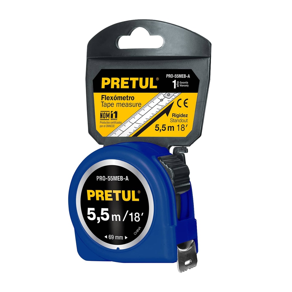 PRO-55MEB-A | Flexómetro azul 5.5 m cinta 25 mm, en tarjeta, Pretul