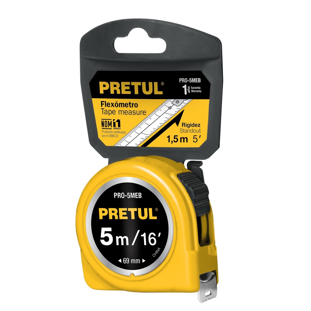 PRO-5MEB | Flexómetro amarillo 5 m cinta 19 mm, en tarjeta, Pretul