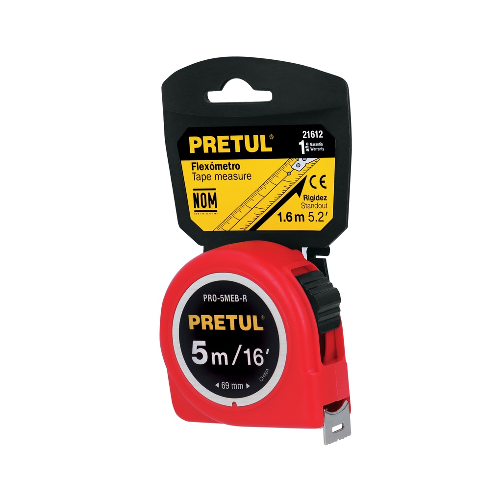 PRO-5MEB-R | Flexómetro verde 5 m cinta 19 mm, en tarjeta, Pretul