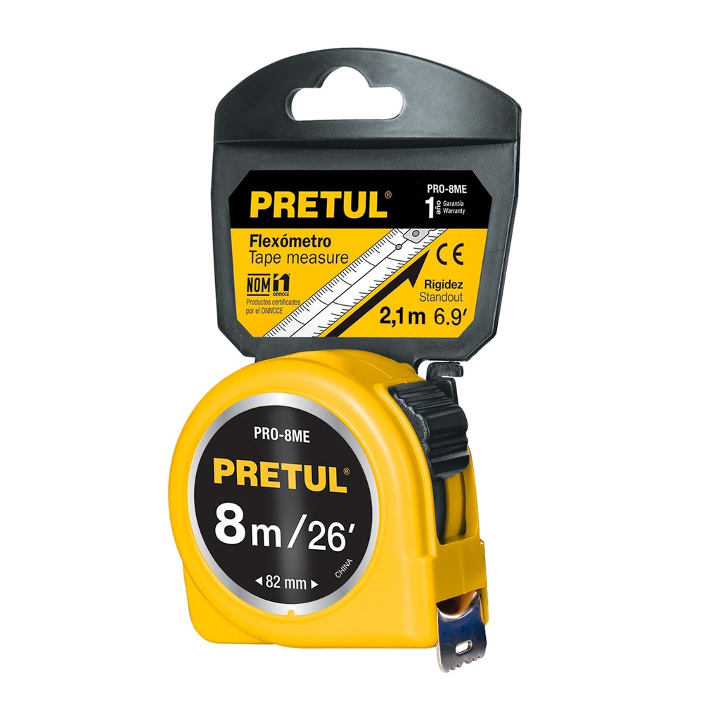 PRO-8ME | Flexómetro amarillo 8 m cinta 25 mm, en tarjeta, Pretul