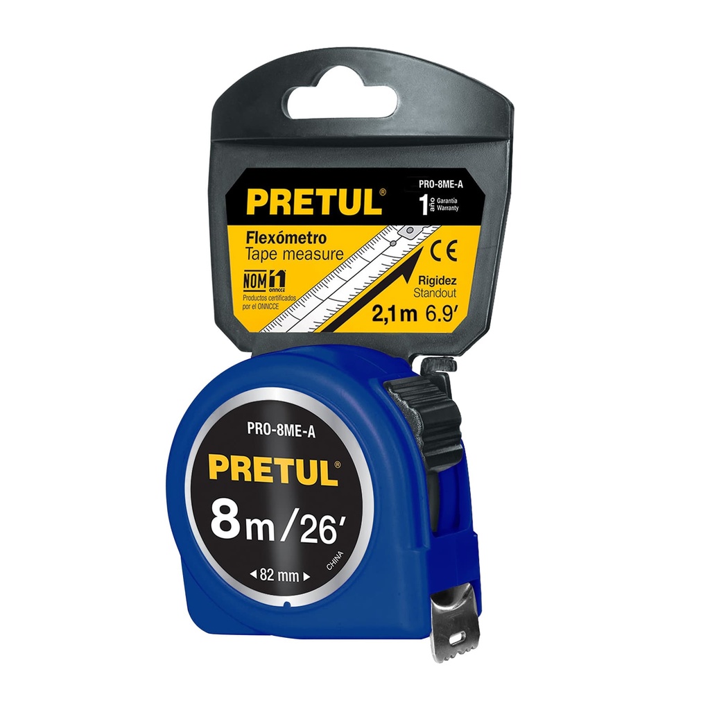 PRO-8ME-A | Flexómetro azul 8 m cinta 25 mm, en tarjeta, Pretul