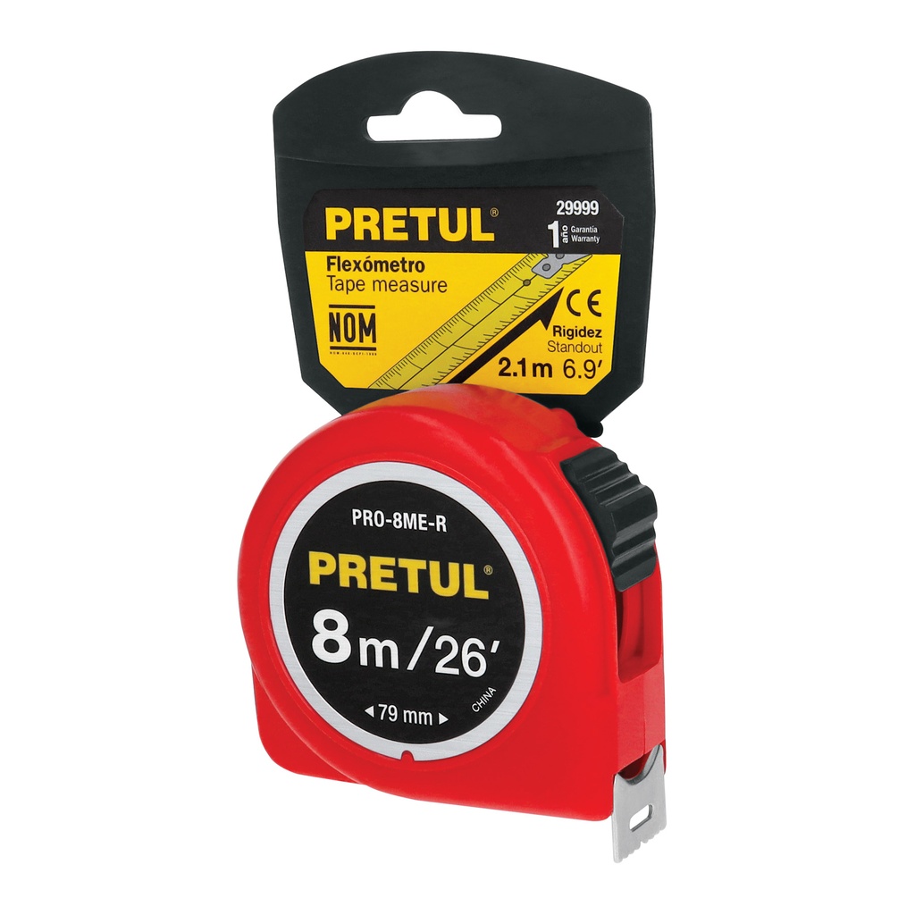 PRO-8ME-R | Flexómetro verde 8 m cinta 25 mm, en tarjeta, Pretul
