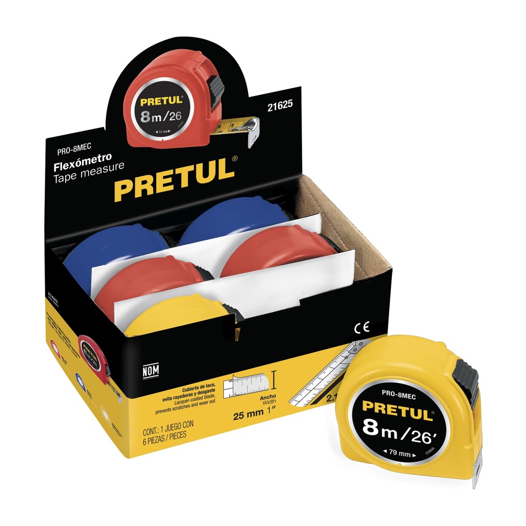 PRO-8MEC | Flexómetro 8 m cinta 25 mm, display box con 6 pzas, Pretul