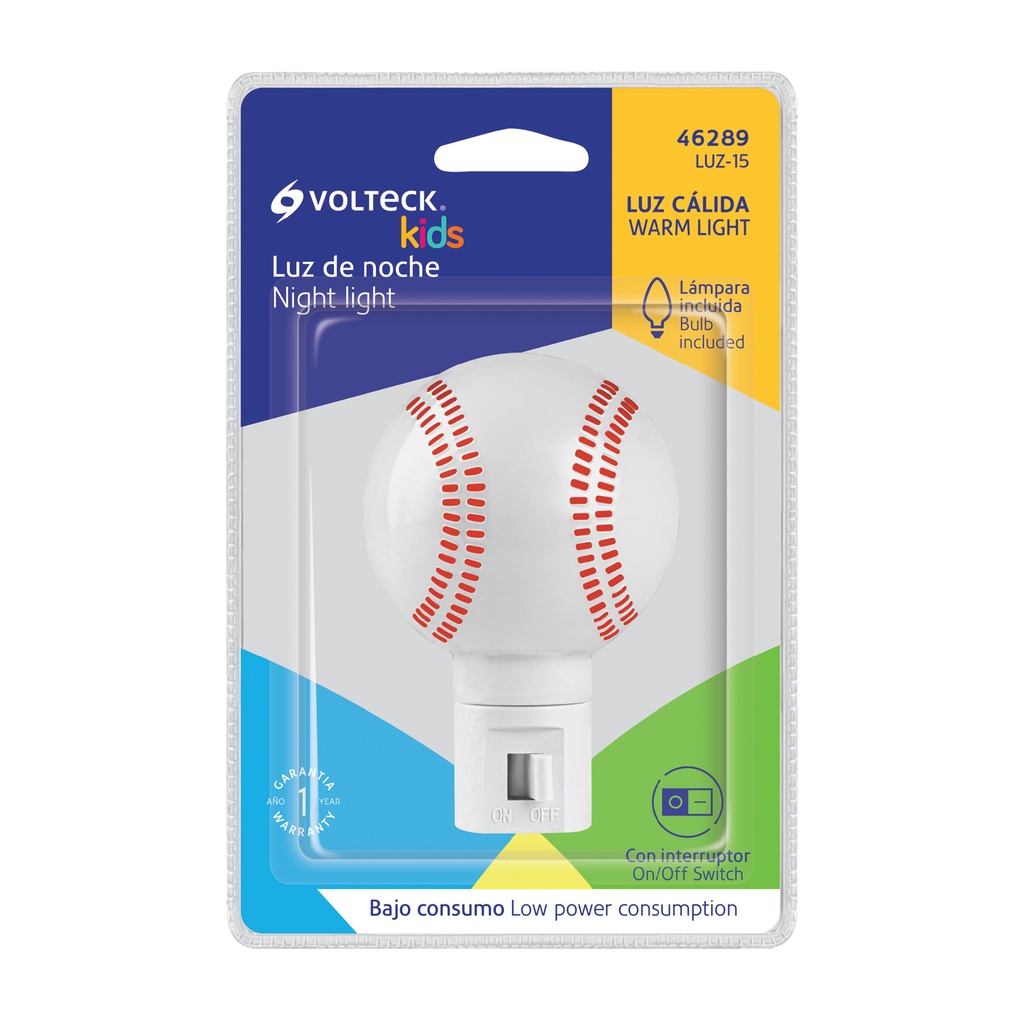 LUZ-15 | Luz de noche con lámpara E12, pelota de béisbol, Volteck