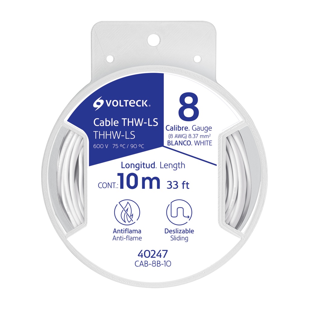 CAB-8B-10 | Carrete con 10 m de cable THHW-LS 8 AWG blanco, Volteck