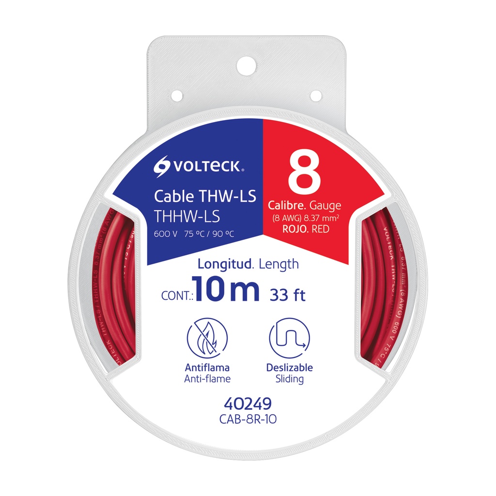 CAB-8R-10 | Carrete con 10 m de cable THHW-LS 8 AWG rojo, Volteck