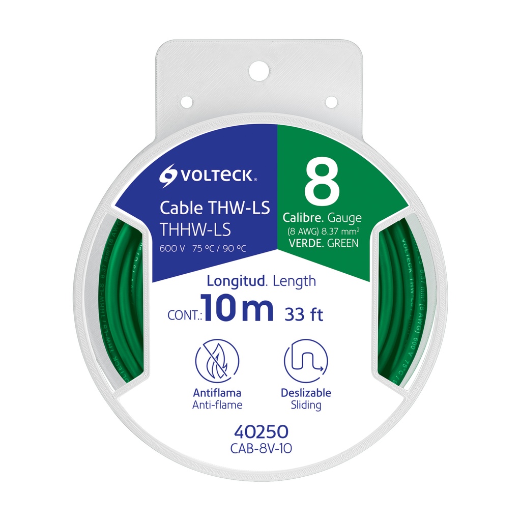 CAB-8V-10 | Carrete con 10 m de cable THHW-LS 8 AWG verde, Volteck