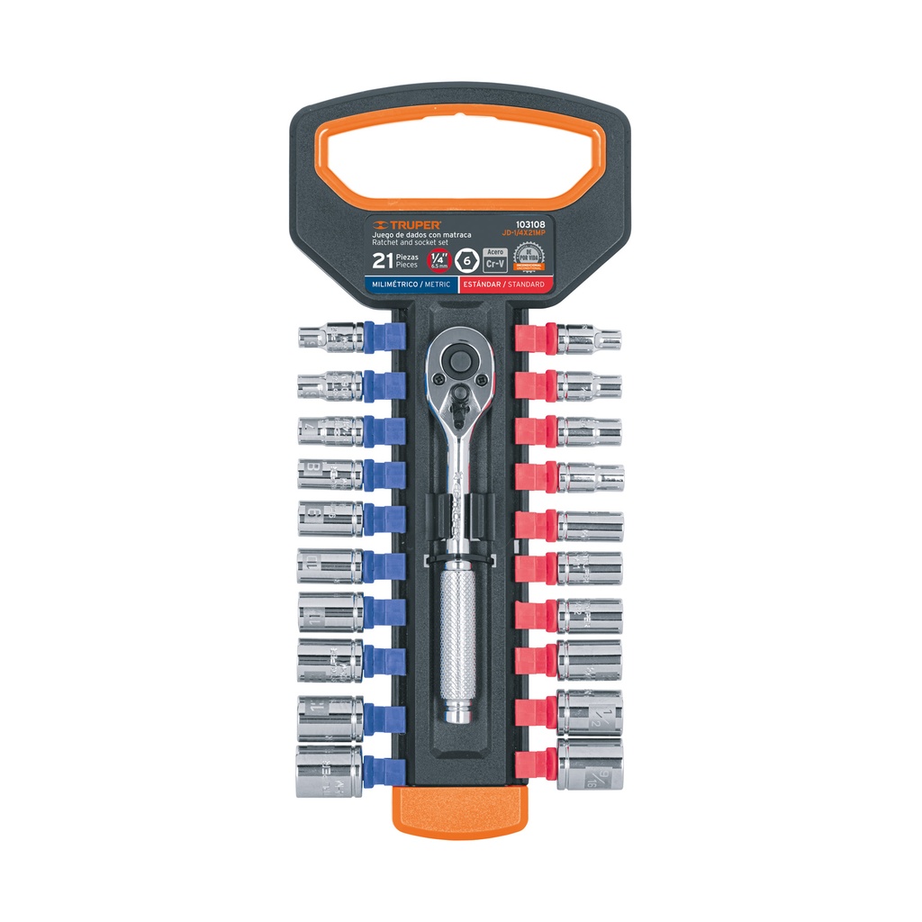 JD-1/4X21MP | Juego de dados mm y std con matraca, cuadro 1/4', Truper