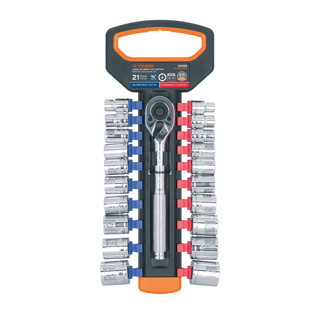 JD-3/8X21MP | Juego de dados mm y std con matraca, cuadro 3/8', Truper