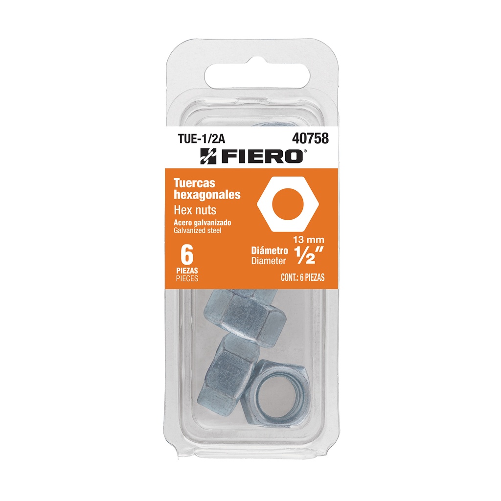 TUE-1/2A | Blíster con 6 tuercas 1/2' hex de acero galvanizado, Fiero