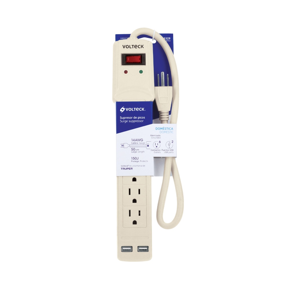 MUL-615U | Multicontacto 16 AWG 6 entradas 2 ptos. USB sup. 150J marfil