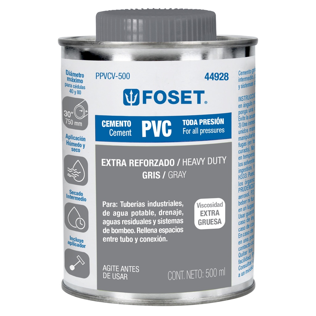 PPVCV-500 | Cemento para PVC en bote de 500 ml, alta viscosidad, Foset