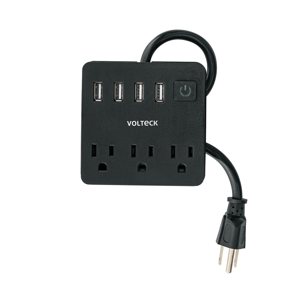 MUL-3UN | Multicontacto 16 AWG doméstico, 3 entradas 4 ptos USB, negro