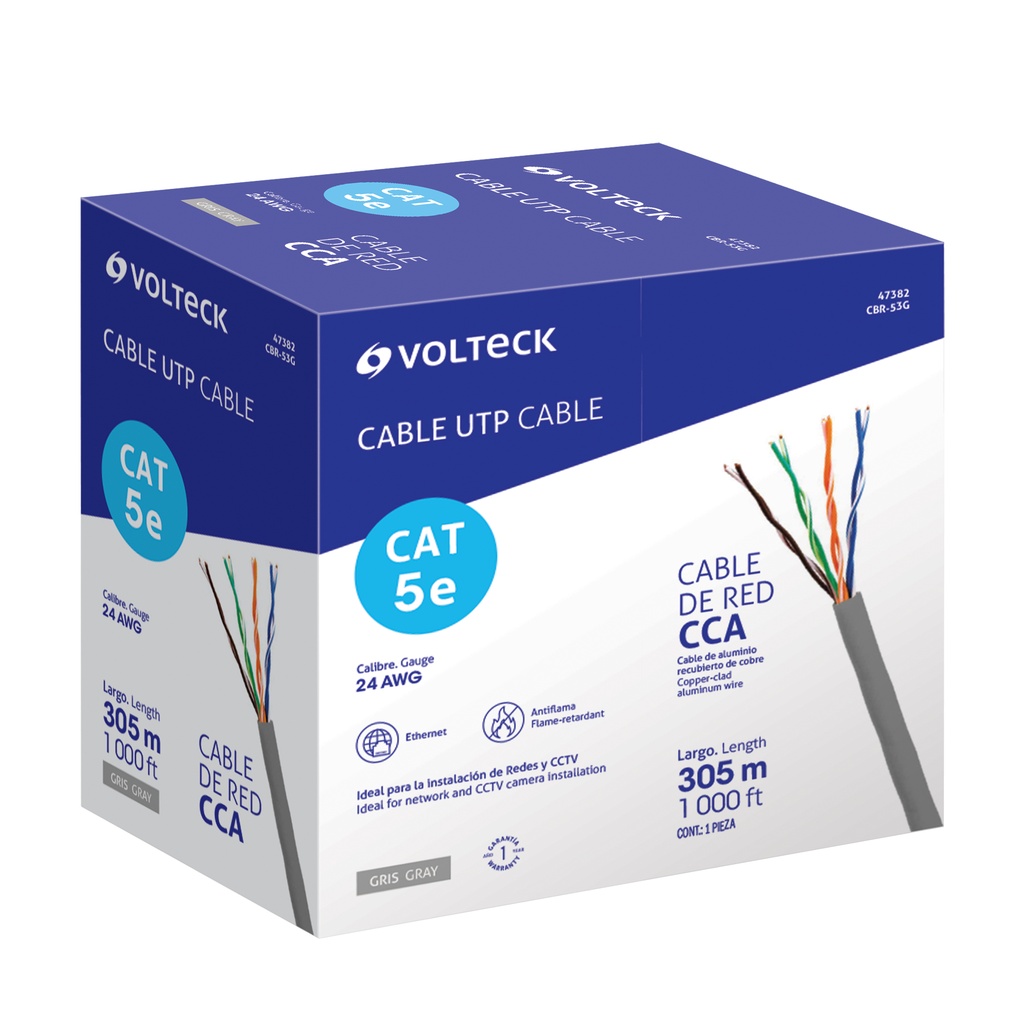 CBR-53G | Metro de cable UTP CAT5E, Bobina de 305m, gris, VOLTECK