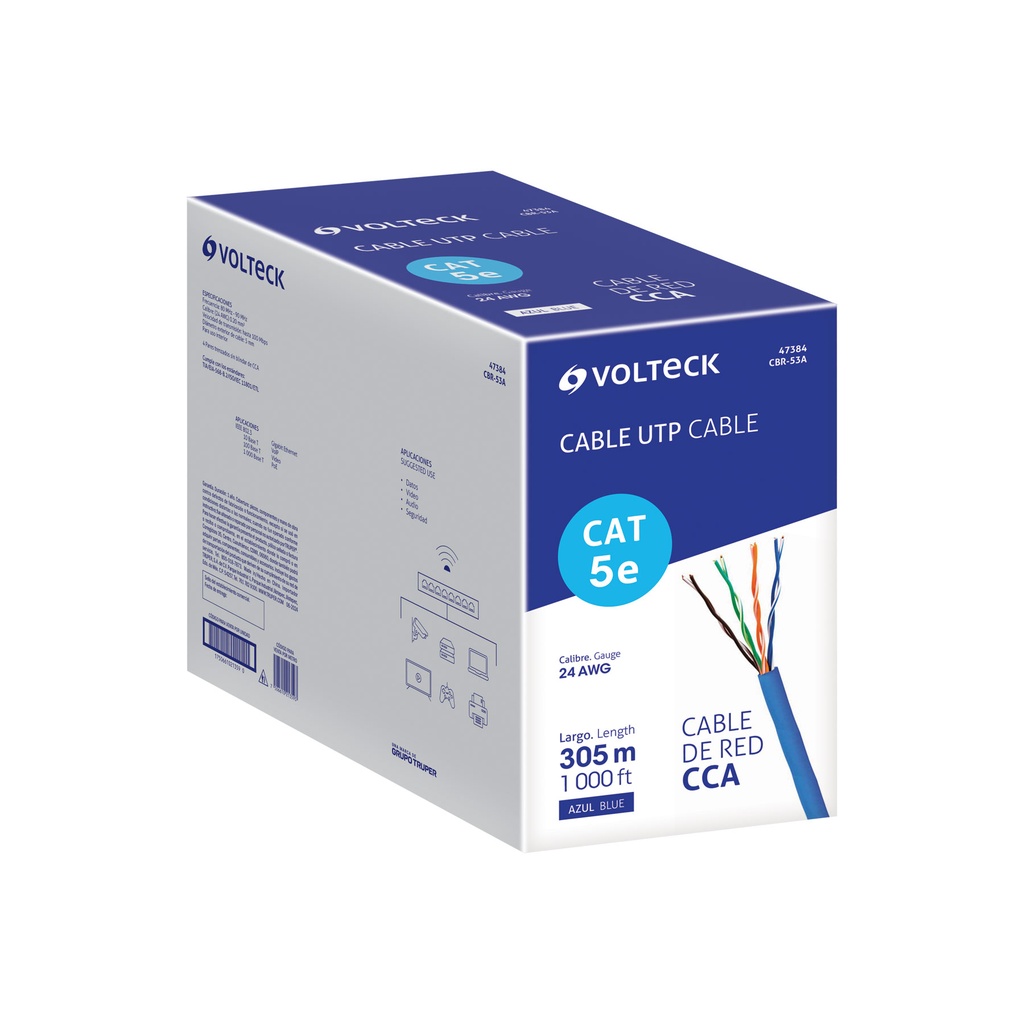 CBR-53A | Metro de cable UTP CAT5E, Bobina de 305m, azul, VOLTECK