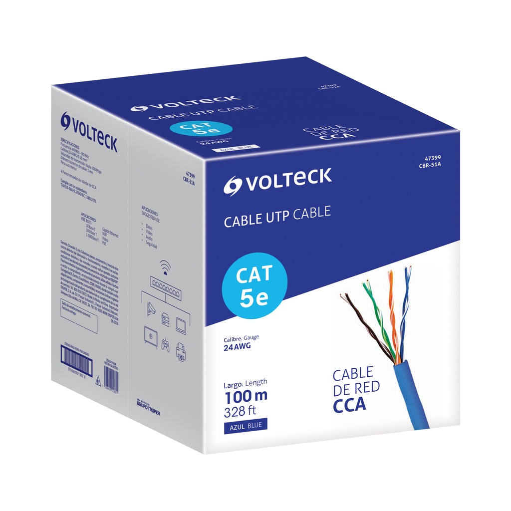 CBR-51A | Metro de cable UTP CAT5E, Bobina de 100m, azul, VOLTECK
