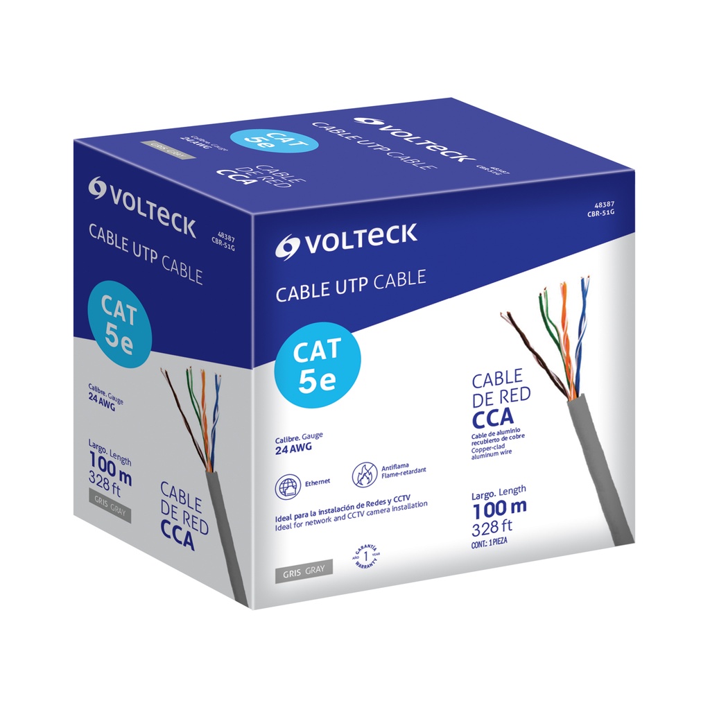 CBR-51G | Metro de cable UTP CAT5E, Bobina de 100m, gris, VOLTECK