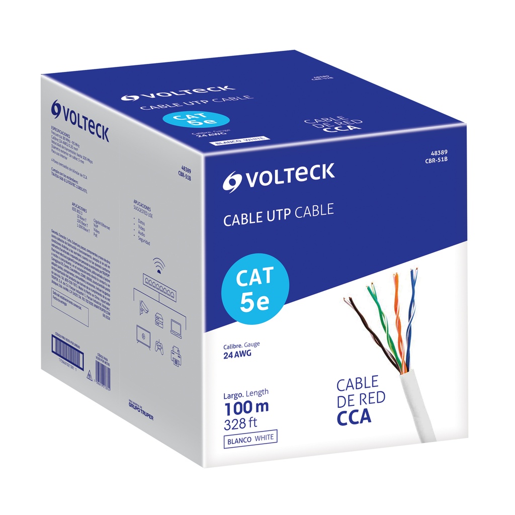 CBR-51B | Metro de cable UTP CAT5E, Bobina de 100m, blanco, VOLTECK