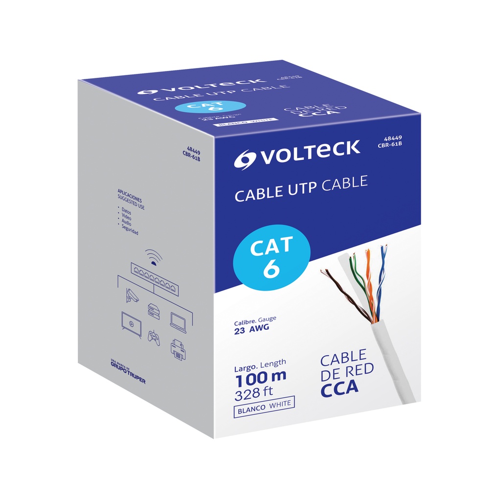 CBR-61B | Metro de cable UTP CAT6, Bobina de 100m, blanco, VOLTECK