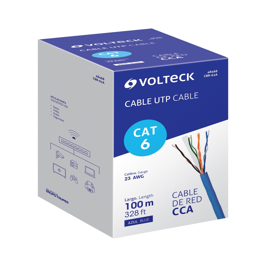 CBR-61A | Metro de cable UTP CAT6, Bobina de 100m, azul, VOLTECK