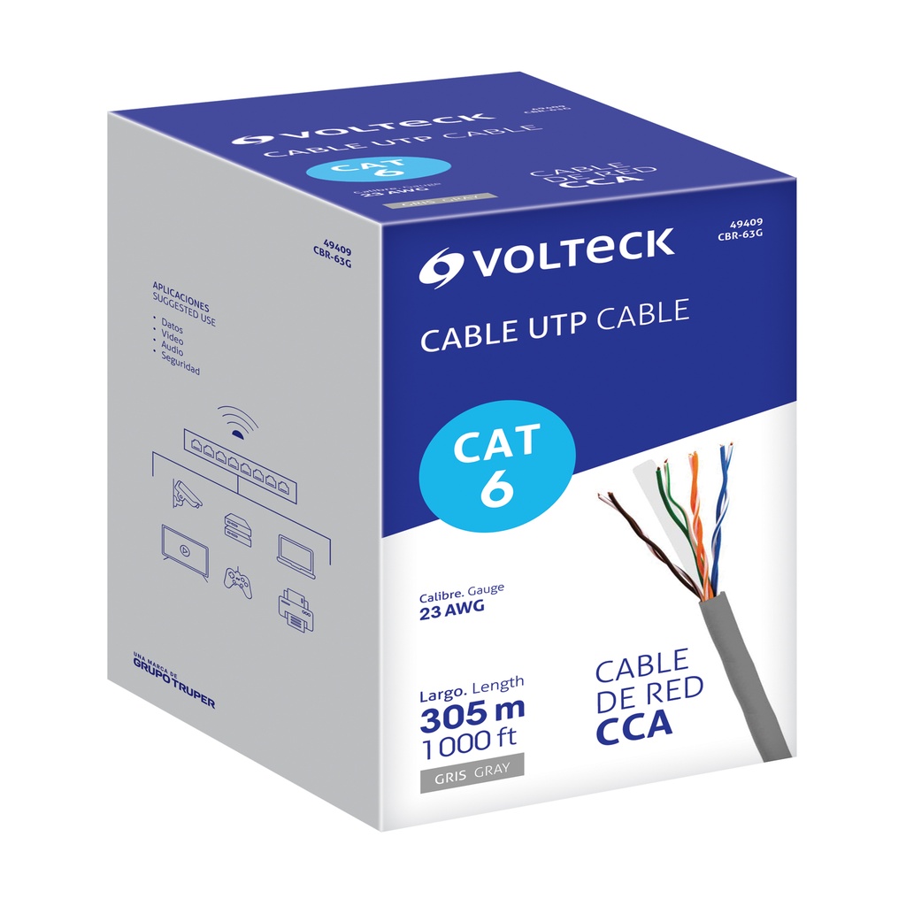 CBR-63G | Metro de cable UTP CAT6, Bobina de 305m, gris, VOLTECK
