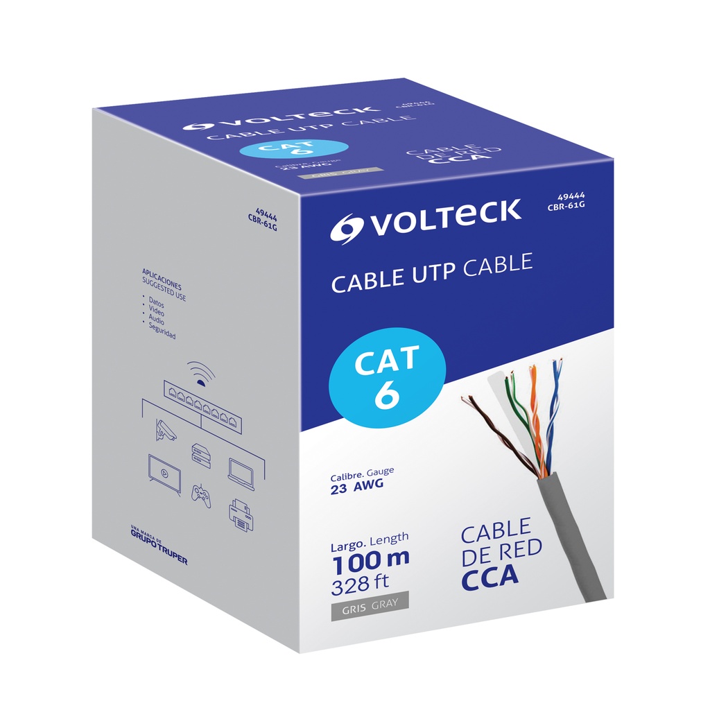 CBR-61G | Metro de cable UTP CAT6, Bobina de 100m, gris, VOLTECK