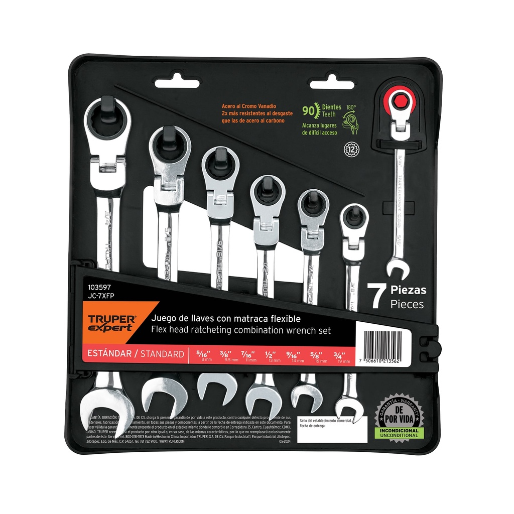 JC-7XFP | Juego de 7 llaves combinadas std con matraca flexible