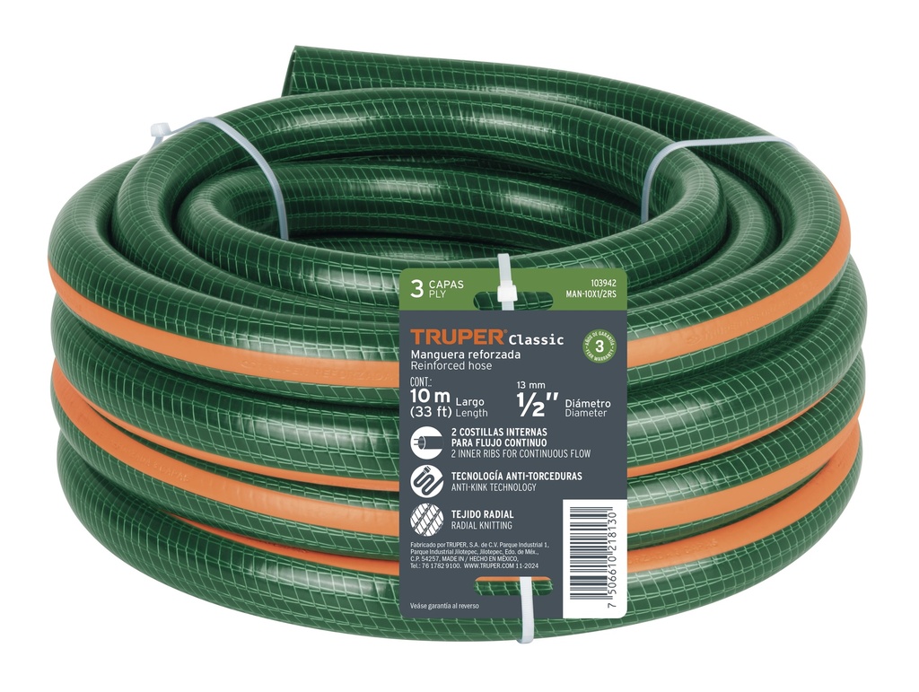 MAN-10X1RS | Manguera de jardín 1', 3 capas, 10m, sin conexiones, TRUPER