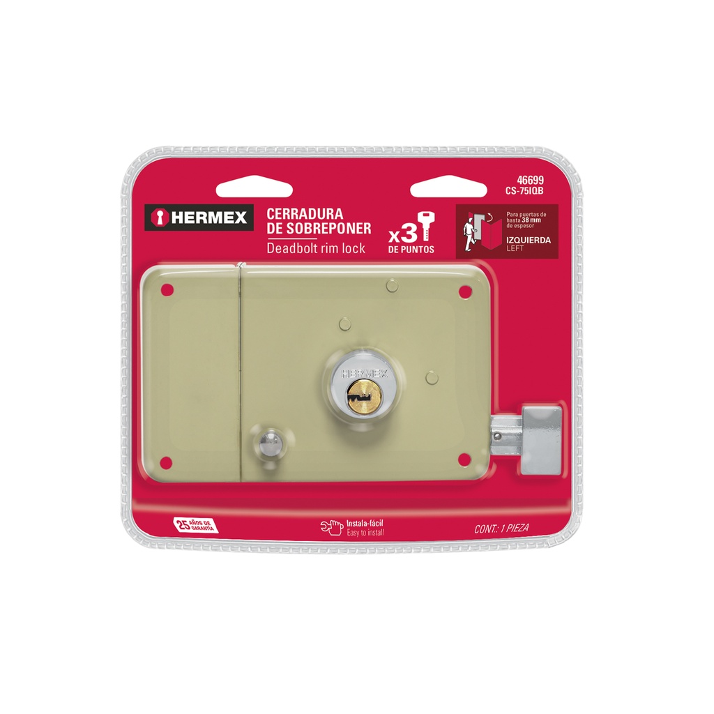 CS-75IQB | Cerradura sobreponer izq instalafácil, llave puntos, blíster