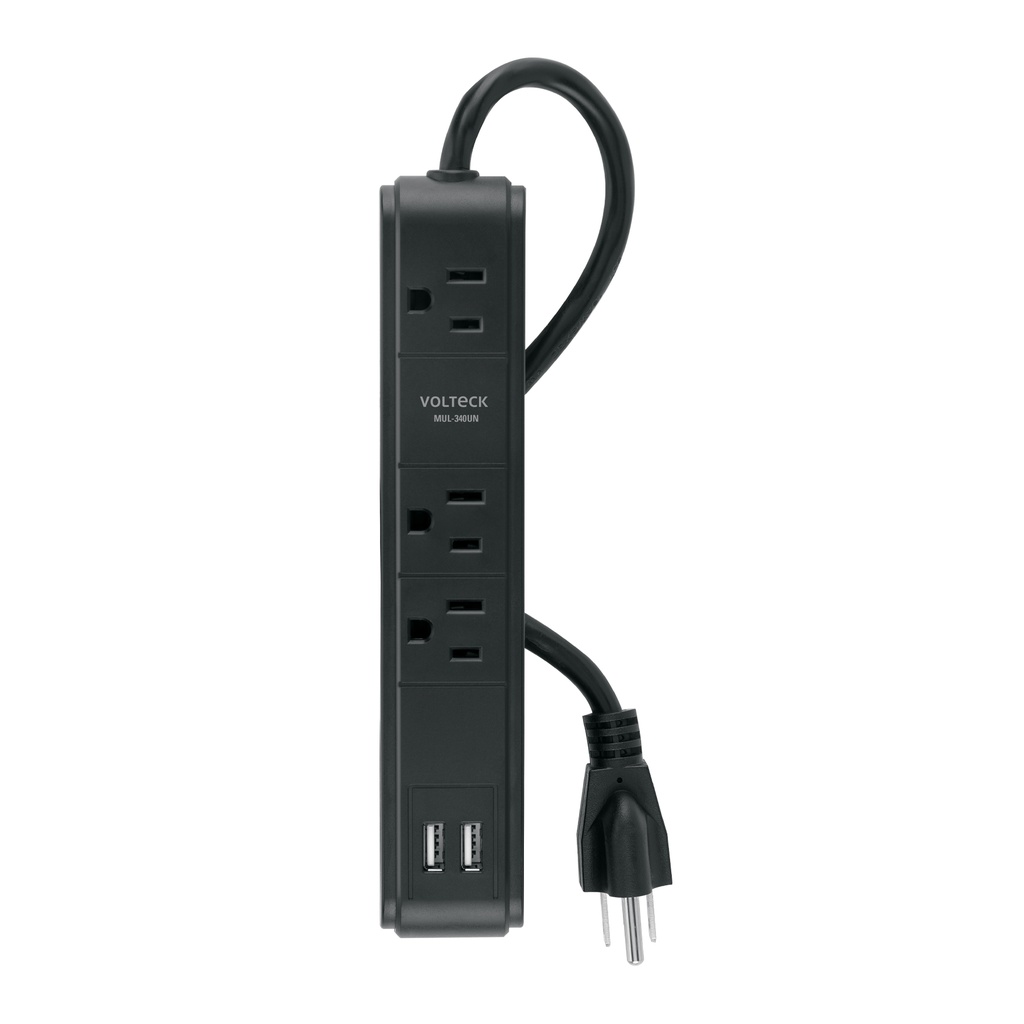 MUL-340UN | Multicontacto 3 entradas 2 ptos USB sup de picos 300 J negro