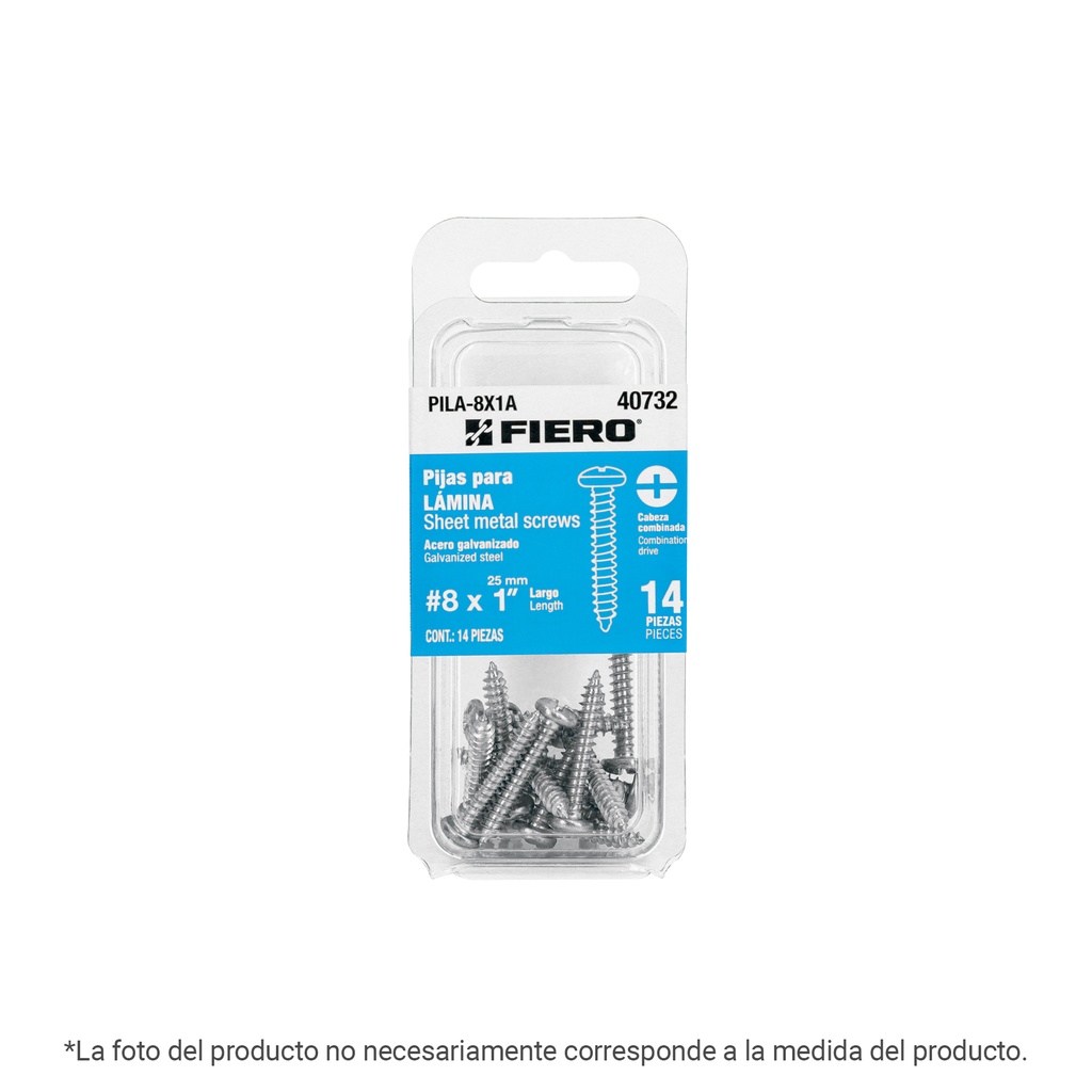 PILA-8X2A | Blíster con 8 pijas para lámina, #8 x 2', FIERO